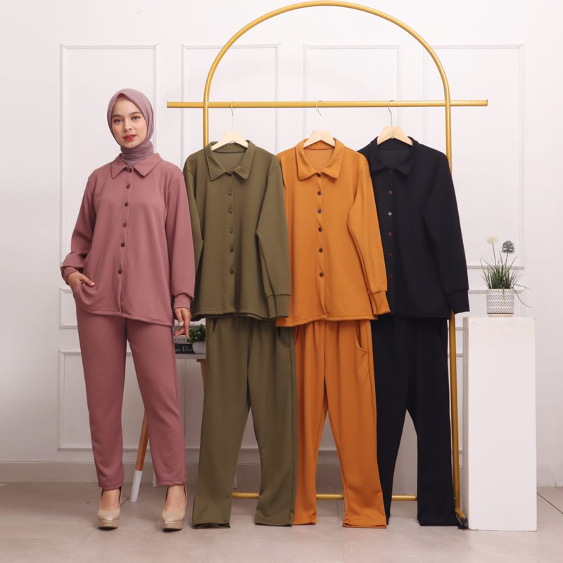 SETCEL KNIT KAOS SET SANIA MURAH ABG POLOS KERAH KANCING CASUAL KERJA NGANTOR GROSIR PGMTA