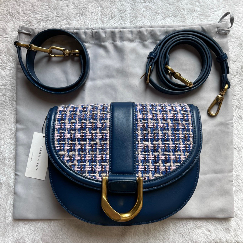 Tas Charles and Keith Gabine Medium Tweed Saddle Bag in Navy Original Preloved