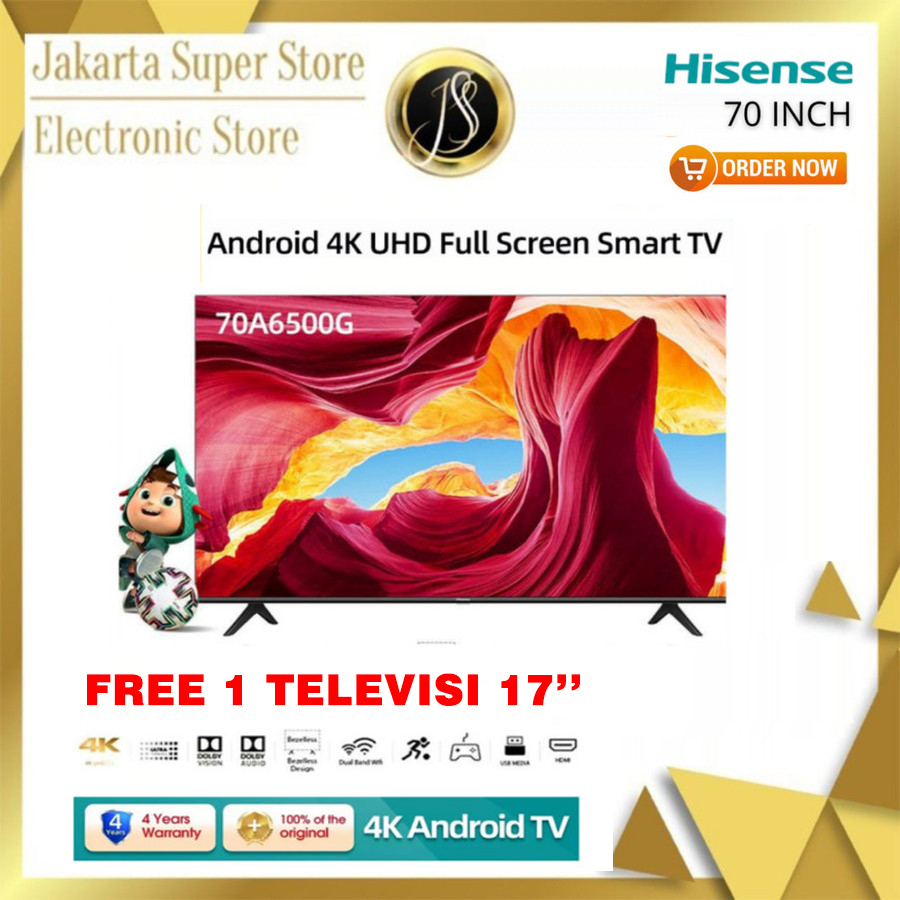 HISENSE 70 INCH TV ANDROID 4K UHD FULL SCREEN BEZELESS 70A6500G