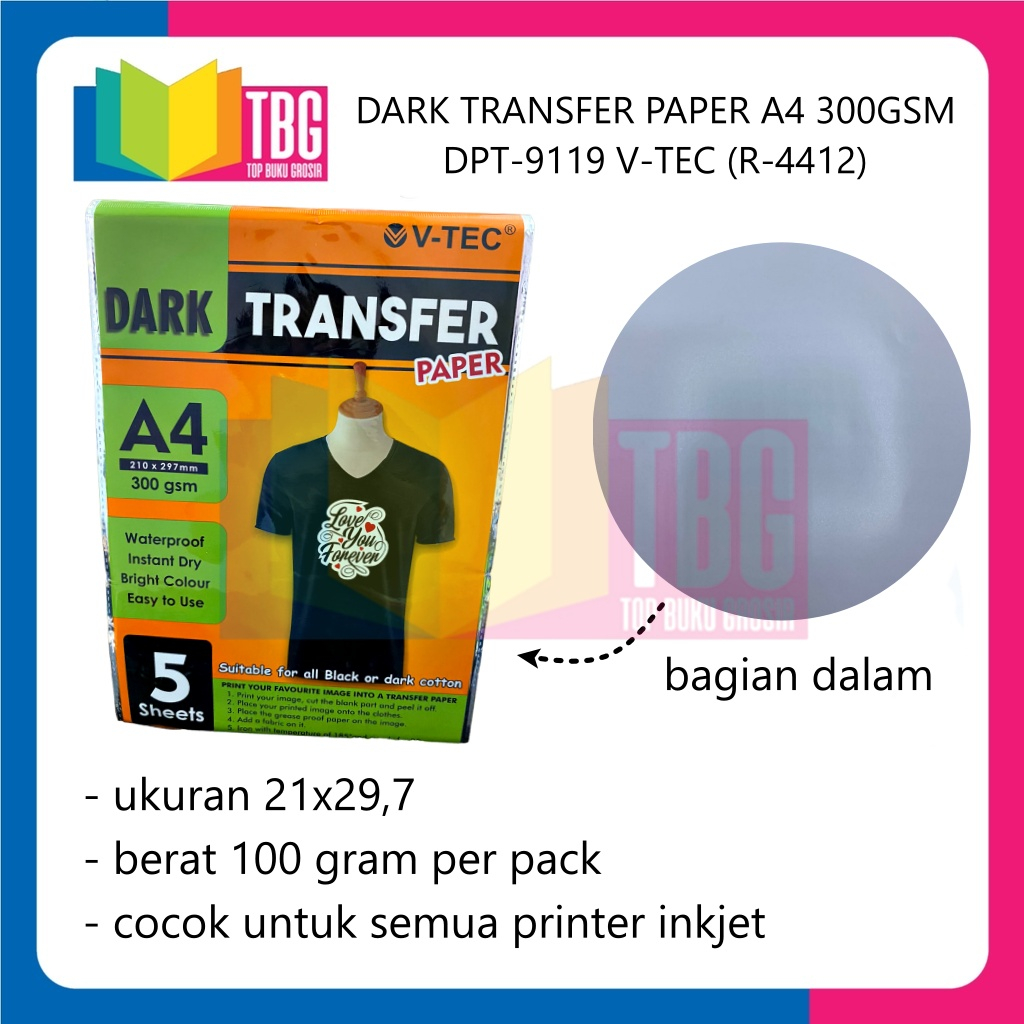 

1 PACK DARK TRANSFER PAPER A4 300GSM DPT-9119 V-TEC KERTAS SABLON GELAP (R-4412)