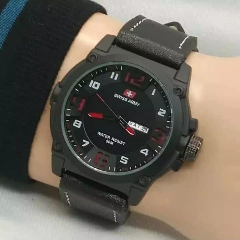 BISA COD JAM TANGAN PRIA TANGGAL HARI AKTIF SWISS MADE ARMY TALI KULIT