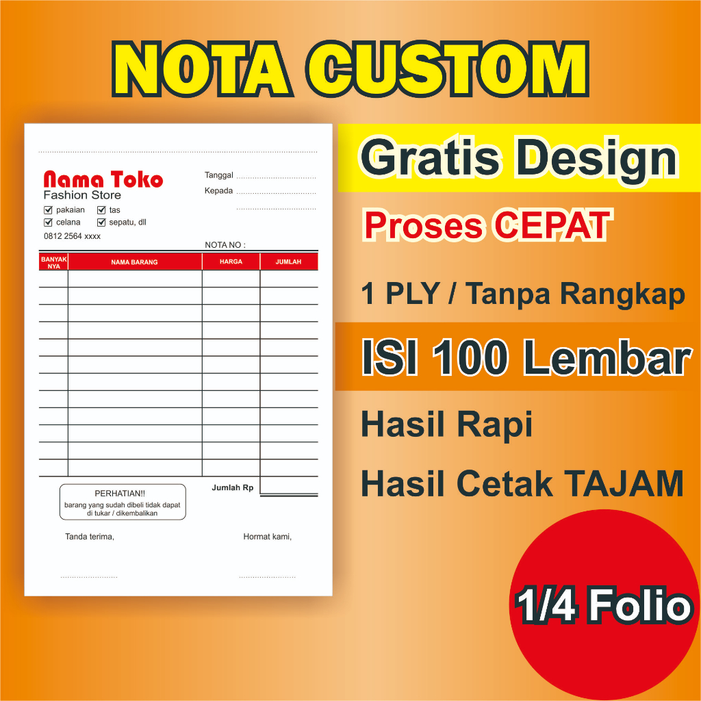 

Nota Custom 1/4 Folio 1 PLY 100 Lembar Tanpa Rangkap Cetak Custom Nota Usaha Toko Laundry Kantor Depot Resto Cafe