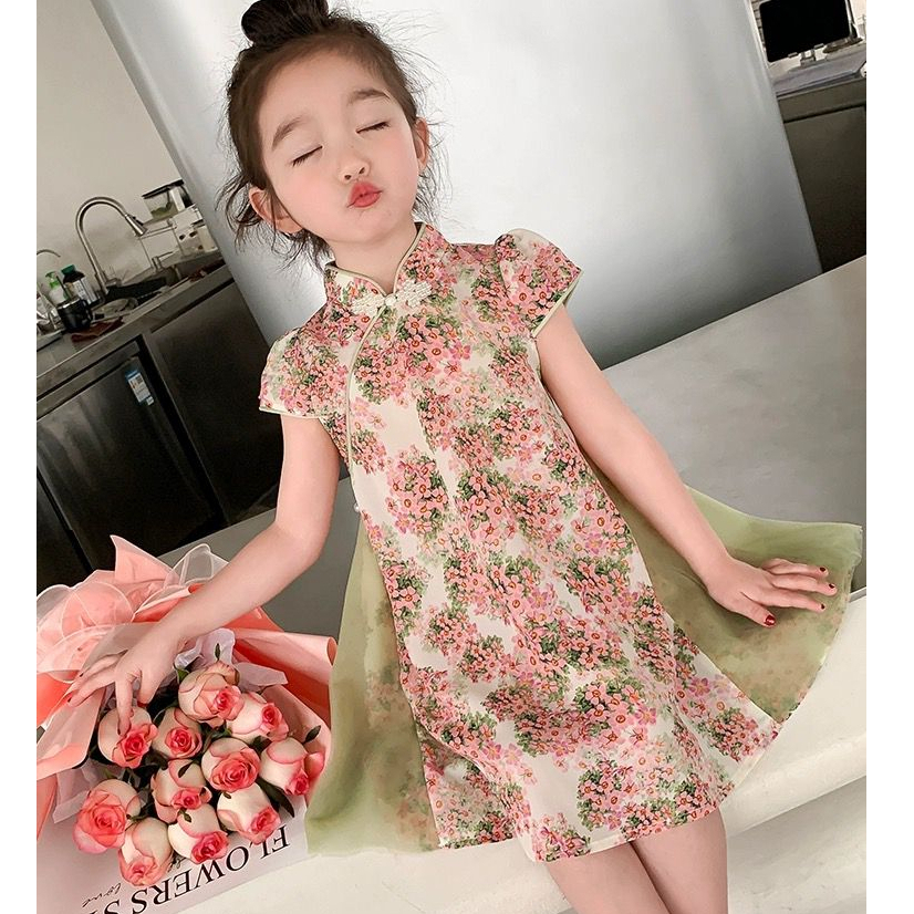 Dress Cheonsam Anak Perempuan Motif Bunga Peony