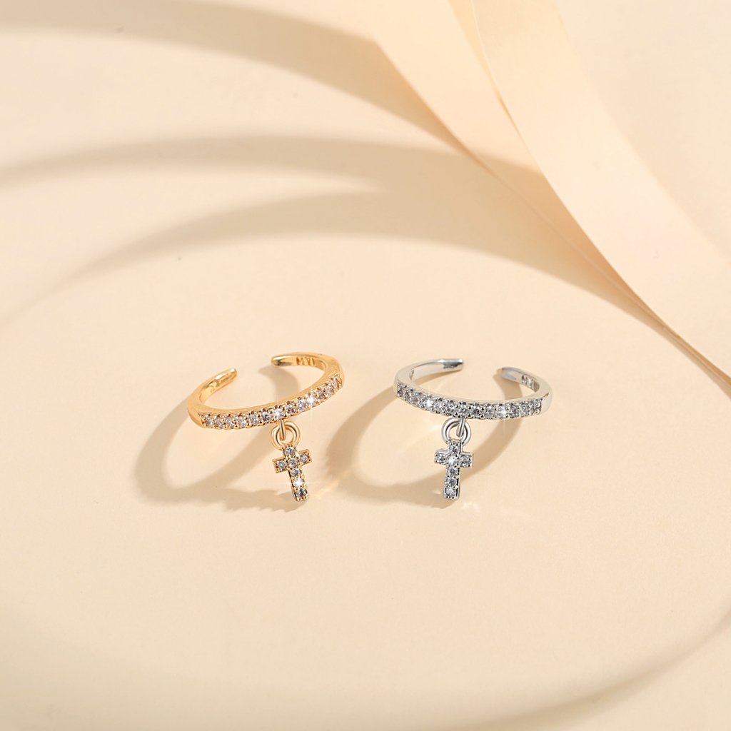 Y166 【Barang spot】Cincin Titanium Salib Titanium Steel Ring Korean Cold Wind Ins Retro Open Ring Female Index Finger Jewelry