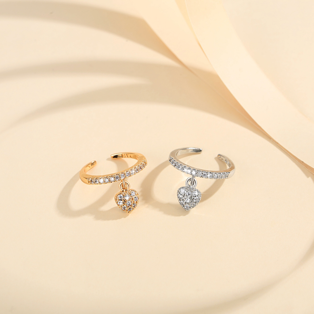 Y165 【Barang spot】Cincin Desain Love Hati Zircon Liontin Untuk Lapis Emas 18k Wanita Terbuka Cincin Adjustable