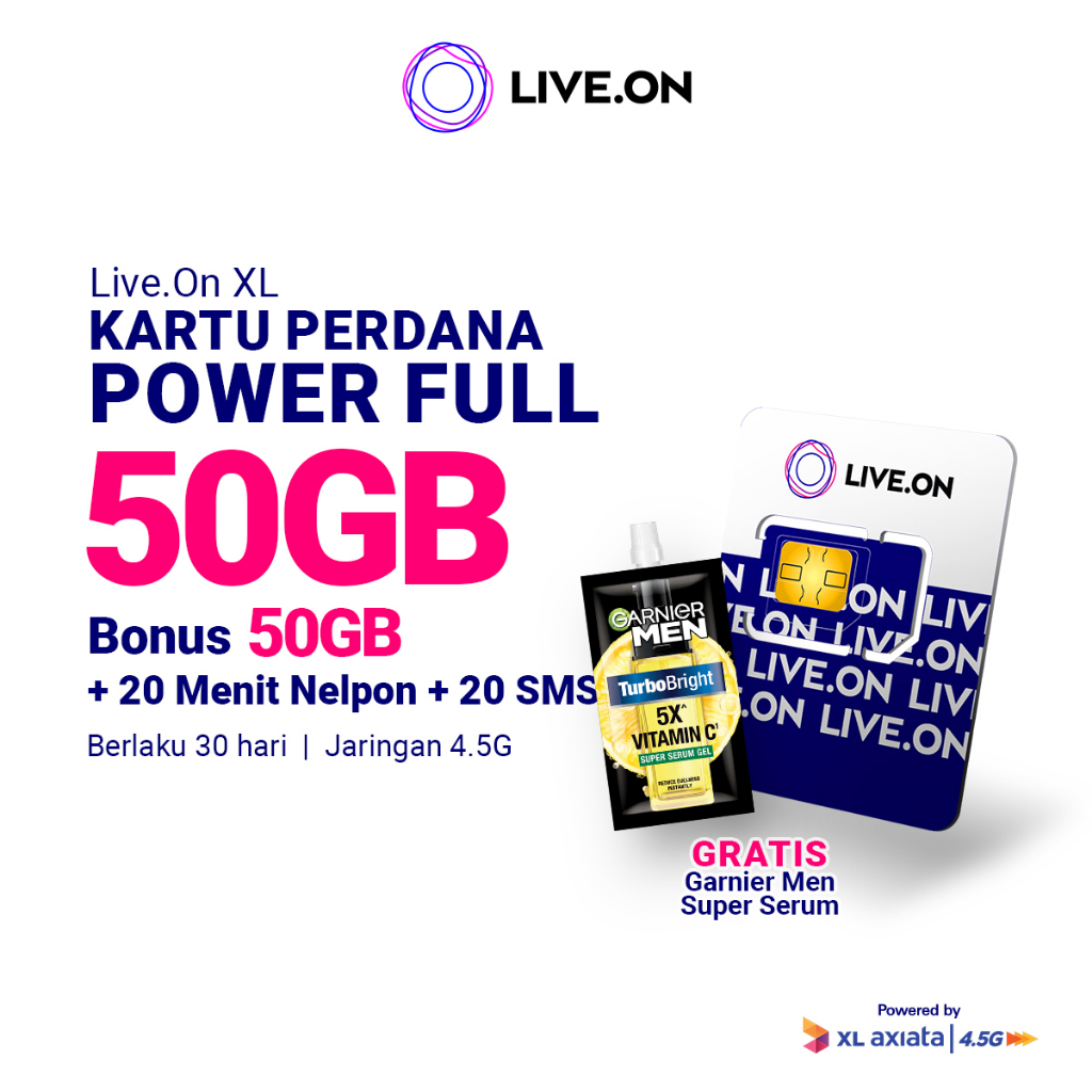 Live.On Kartu Perdana Power Full 50GB (30 hari) + 10GB/Bulan (Total 50GB) Jaringan 4.5G + 20 Min Nelpon + 20 SMS