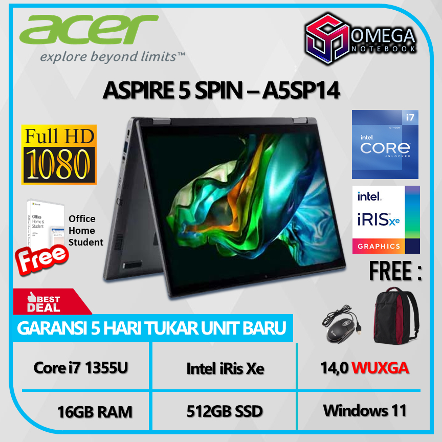 ACER ASPIRE 5 SPIN A5SP14 51MTN i7 1355U 16GB 512GB iRis Xe 14,0 WUXGA Windows 11