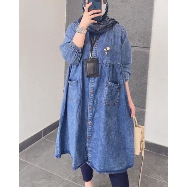 Atasan Wanita Oversize Popi Tunik Denim Jeans Full Kancing Lengan Panjang