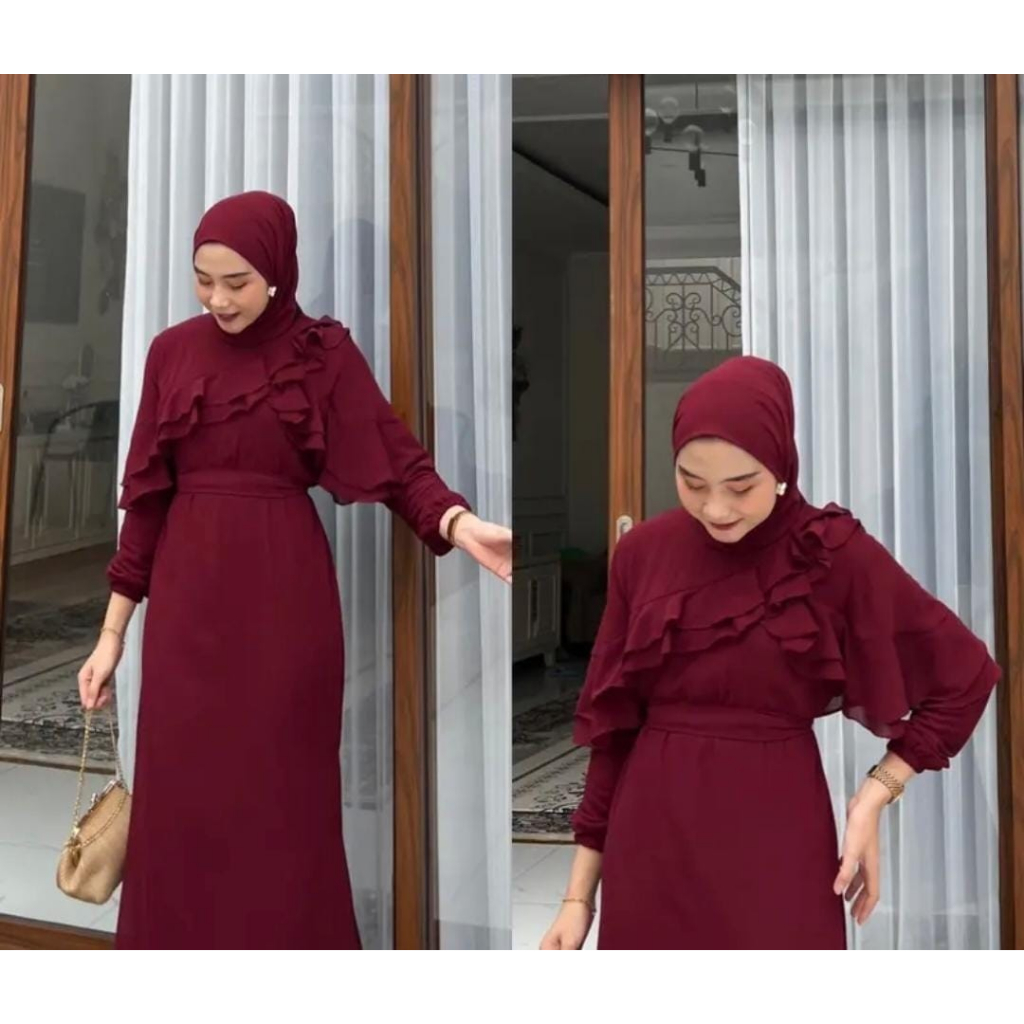 REINARA DRESS RUFFLE KR FASHION PAKAIAN WANITA MAXI GAMIS MAXY BAHAN CERUTY