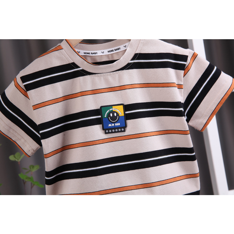 setelan lengan pendek anak lakilaki motif salur garis cream hitam usia 6 bulan - 5 tahun premium import