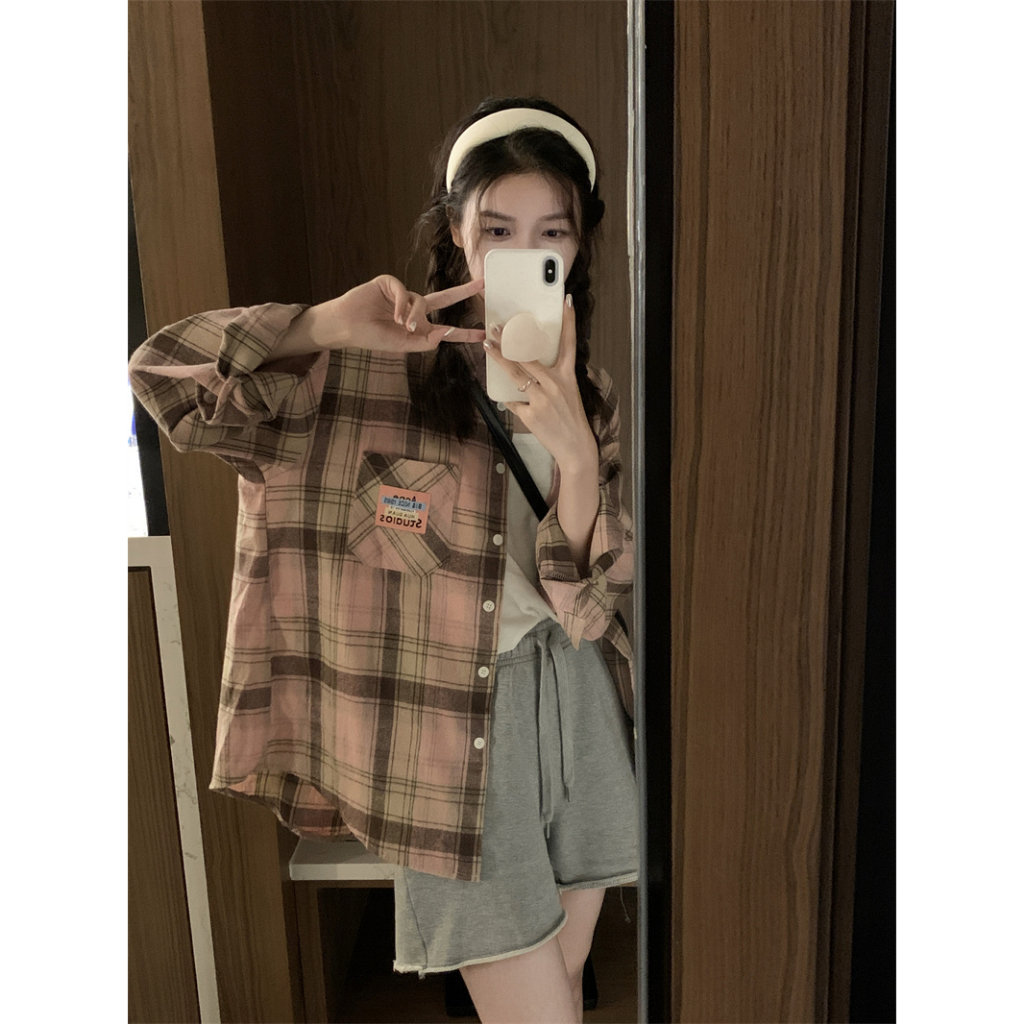 Korea Style Fashion Kemeja Panjang Kasual Atasan Baju Wanita Plaid Blouse Shirt