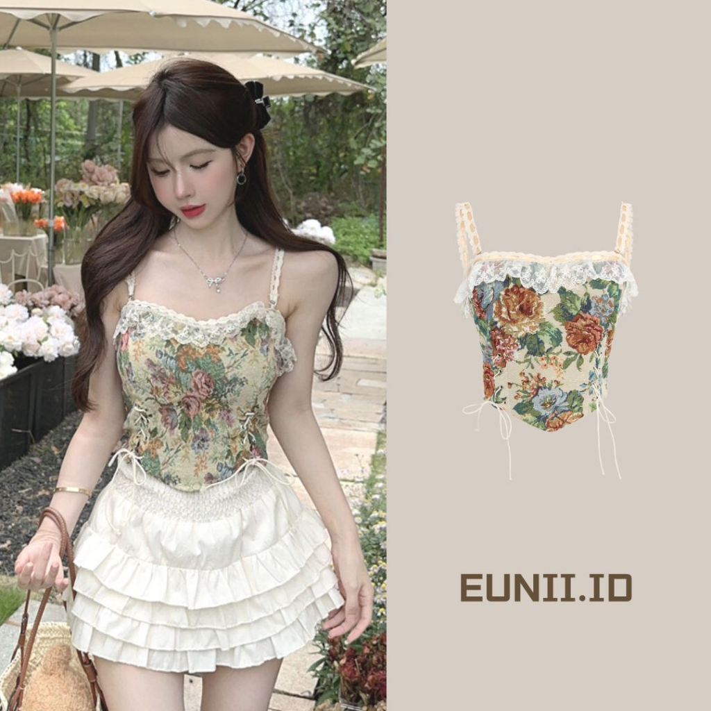 EUNII Suspender Wanita Retro V-neck Crop top Knit Lace Vest All Match Top