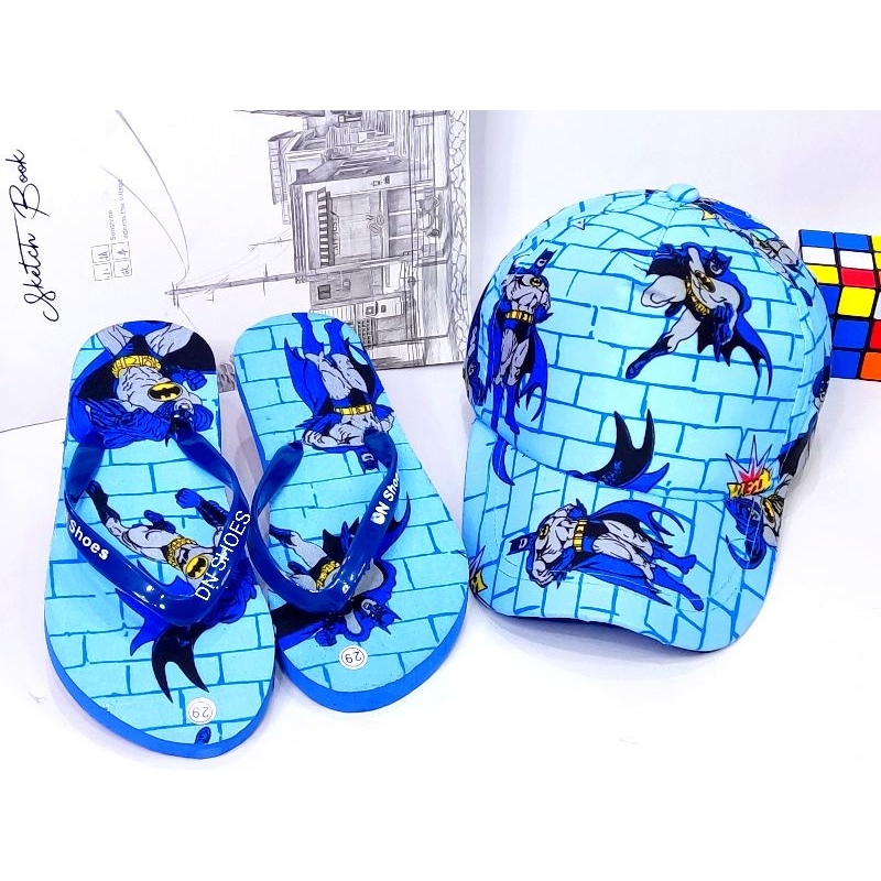 Paket Sandal Jepit Anak Cowok Topi Baseball Anak Laki laki motif Batman