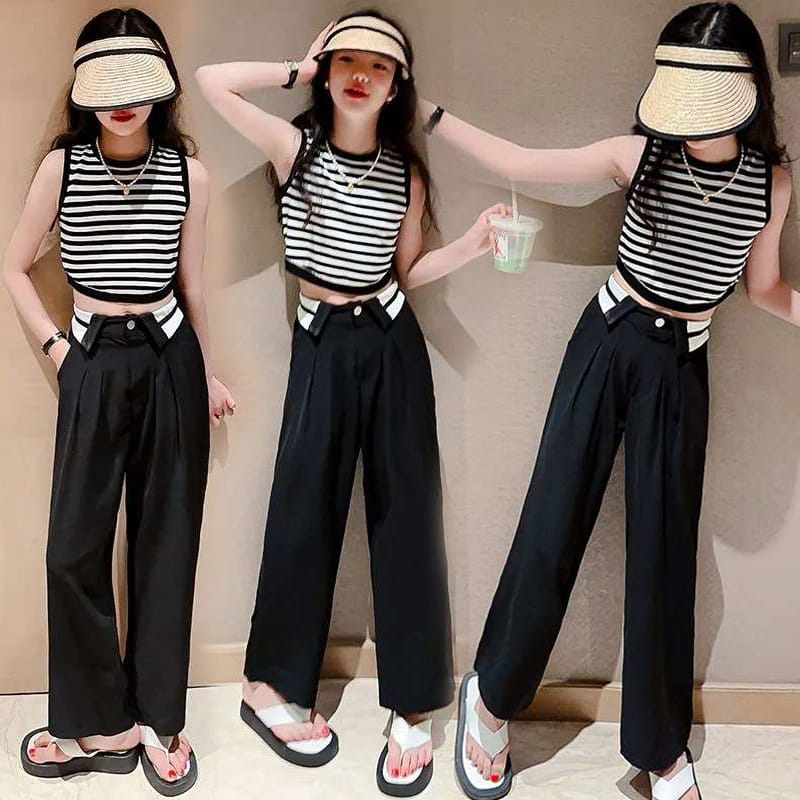 Setelan Anak Perempuan Crop Top Korean Style Stripe