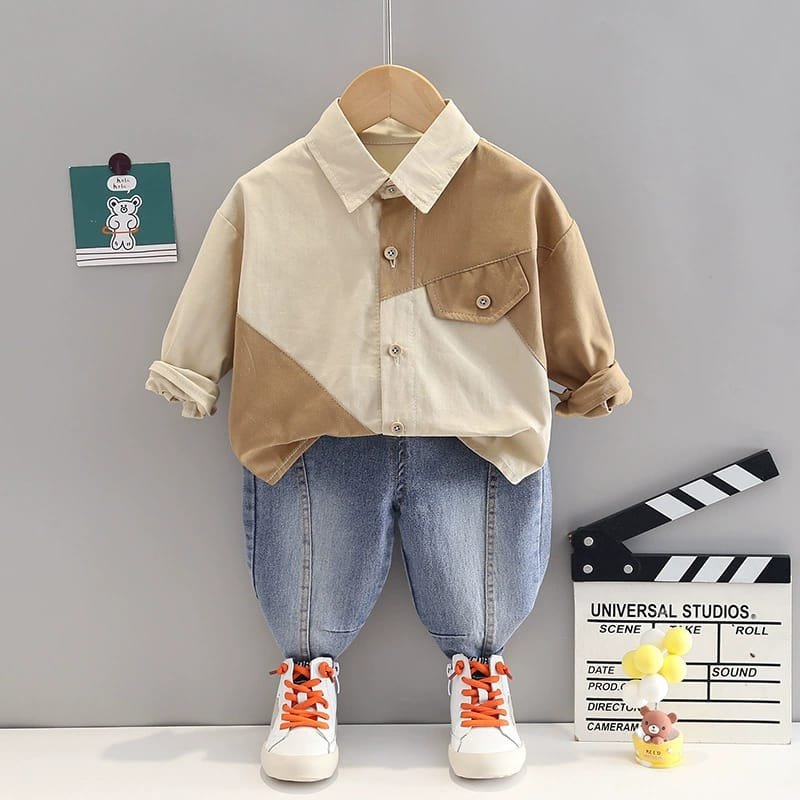 Setelan Baju Kemeja polos Anak laki laki warna CREAM MOCHA / Pakaian bayi lengan panjang keren usia 6 bulan -5 tahun