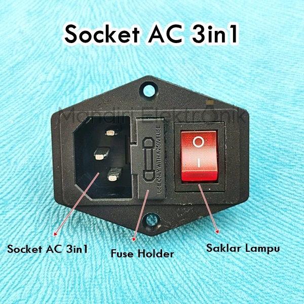 Socket AC 3in1 + Saklar Lampu + Fuse Holder Power Outlet Socket Switch 250V - Socket 3 Pin