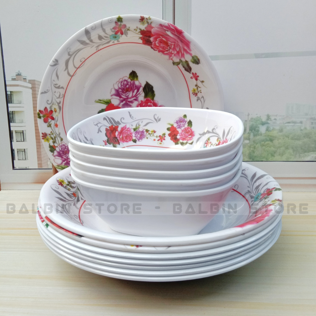 PROMO 12.PCS ISI PIRING MELAMINE UK.23 CM DAN MANGKUK MELAMINE UK.15 CM MOTIF KEMBANG BAHAN MELAMIN KUALITAS SNI