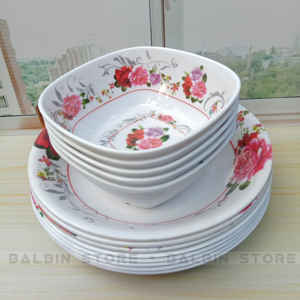 PROMO 12.PCS ISI PIRING MELAMINE UK.23 CM DAN MANGKUK MELAMINE UK.15 CM MOTIF KEMBANG BAHAN MELAMIN KUALITAS SNI