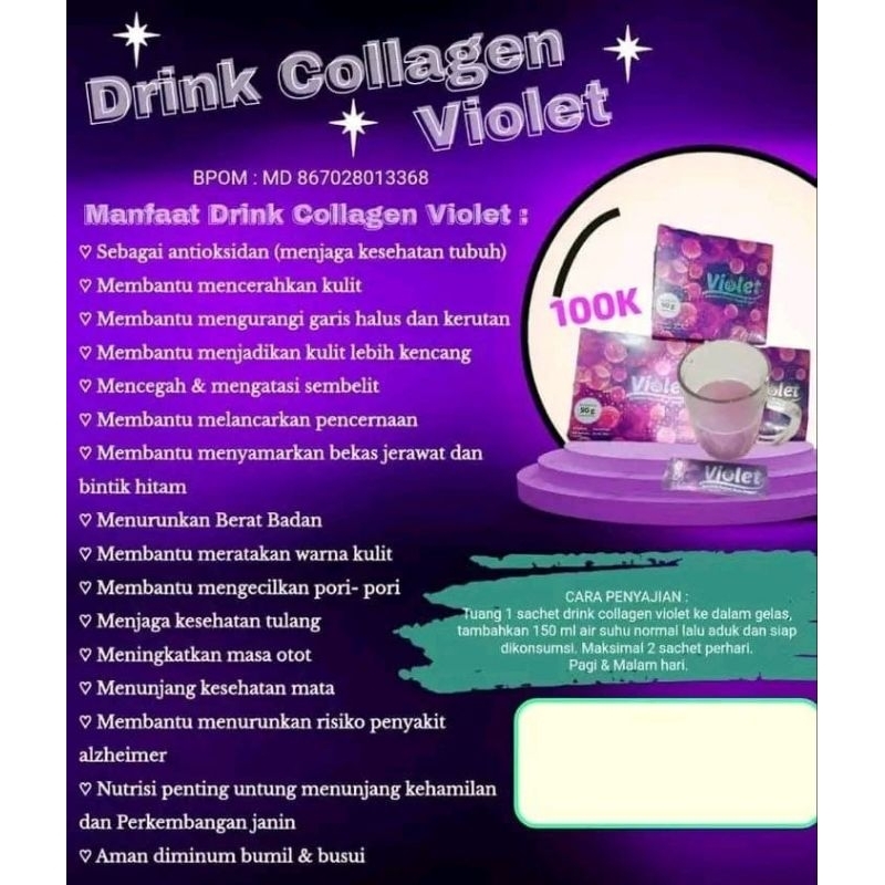 Pemutih Badan Violet Minuman Collagen Pemutih Serbuk Isi 6 Sachet Rasa Anggur / Suplemen pemutih badan / serbuk minuman pemutih / suplemen pemutih kulit