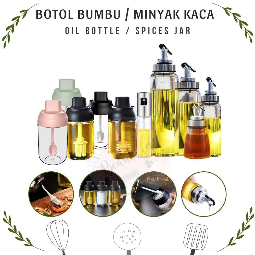 Botol Minyak Tempat Penyimpanan Bumbu Dapur Garam Gula Merica Berkualitas Kaca Kecap Sirup Botol Kaca Madu Kedap Udara Anti Bocor Oil Bottle Spray Fryer Honey / Spice Jar 100/180/200/300/500 ML