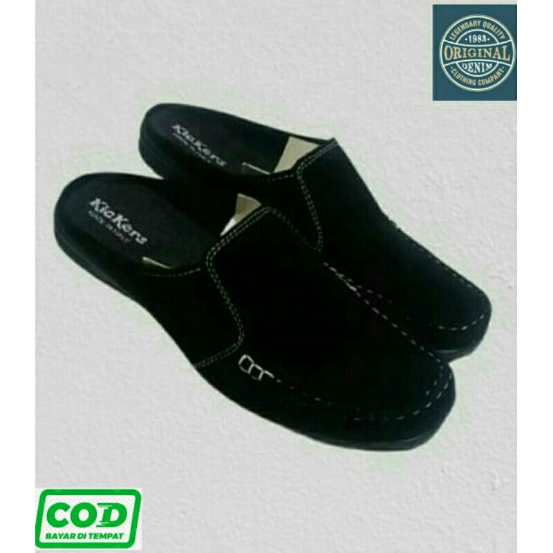 Sepatu Sandal Pria /Kulit Selop Tutong /sepatu sorong hitam abu-abu