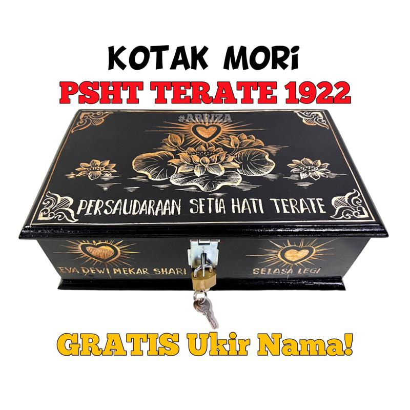 TERMURAH! KOTAK MORI PSHT MOTIF Bunga Teratai DARI KAYU JATI (FREE UKIR NAMA) TEMPAT PENYIMPANAN SABUK MORI PENCAK SILAT SETIA HATI TERATE 1922