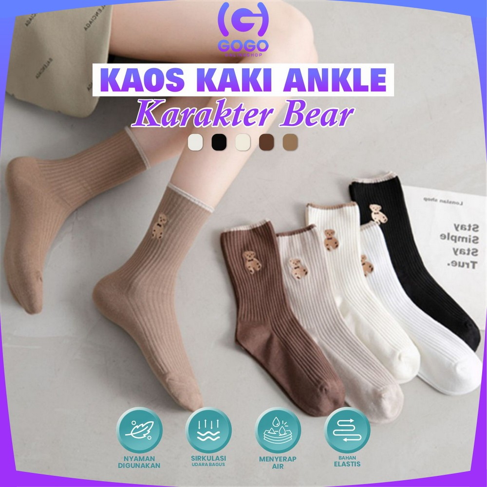 GOGO-P568 Kaos Kaki Wanita Korea Motif Beruang Panjang Setinggi Betis / Kaus Kaki Ankle Karakter Cute Bear Fashion Korean Style Socks