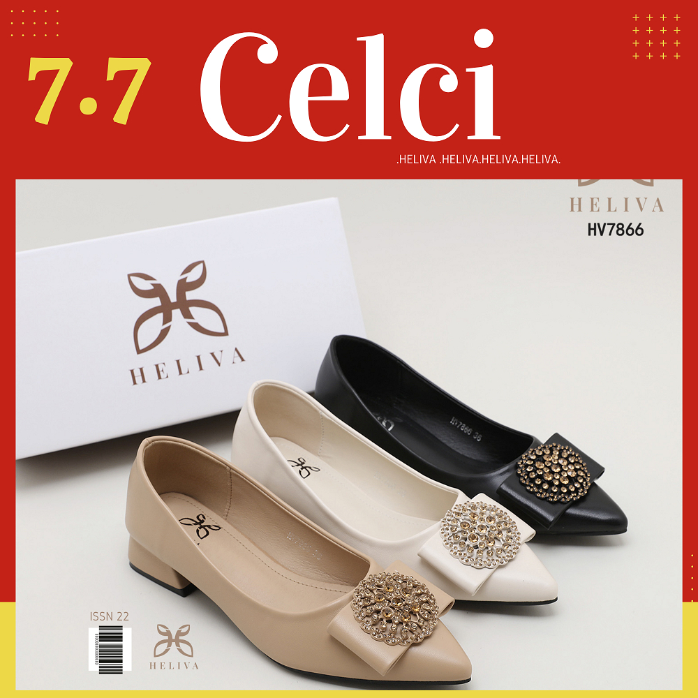 HELIVA CELCI Block Low Heels 3cm Bow Sepatu Lancip Bahan Kulit HV7866 Original Brand