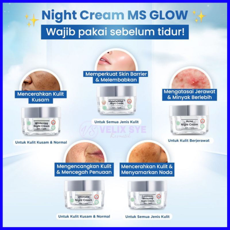 crem malam ms glow original 100%/ ultimate night crem/ acne night crem/ luminius night crem
