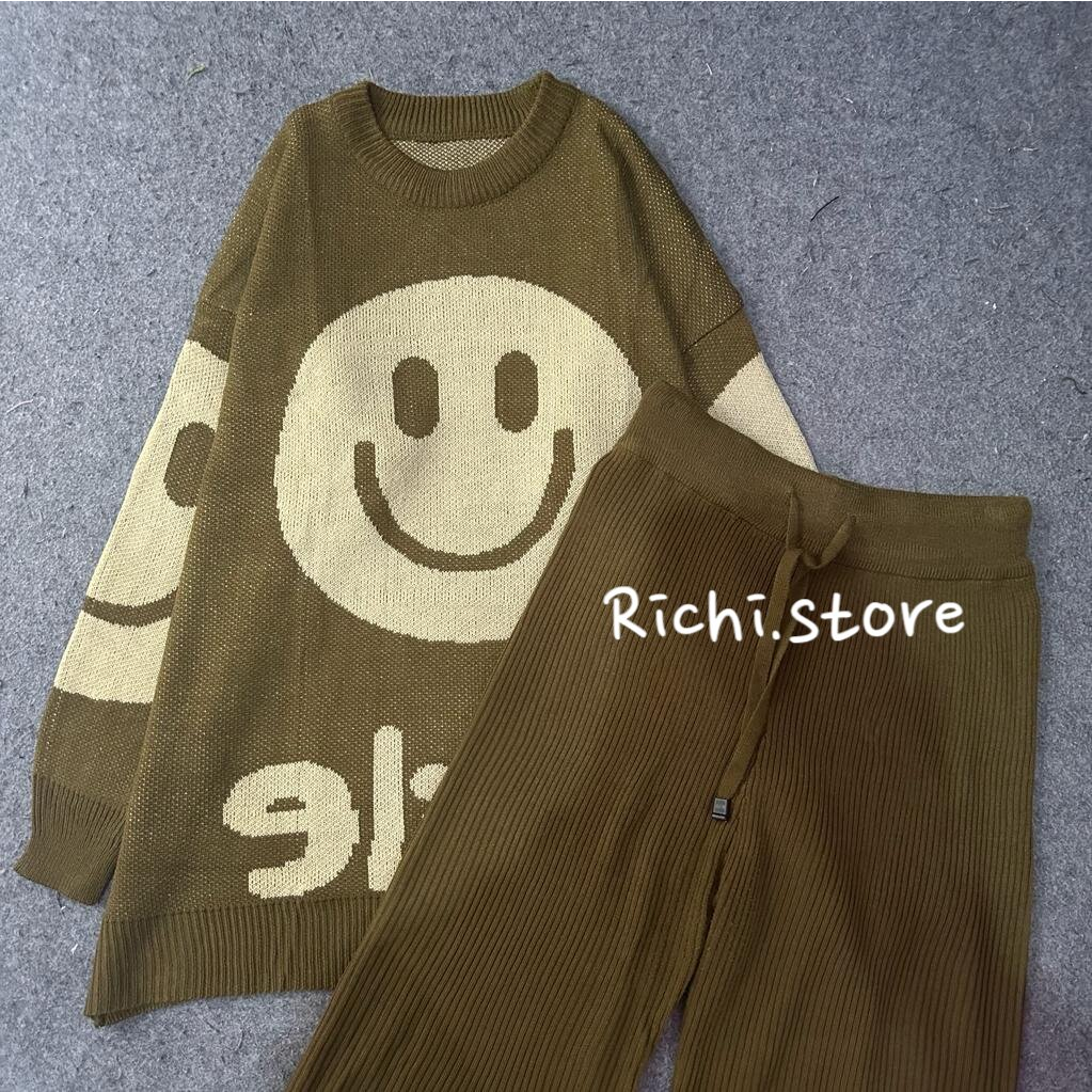 Smile oversize sweater - Setelan kulot rajut sweater motif smile (celana+atasan)