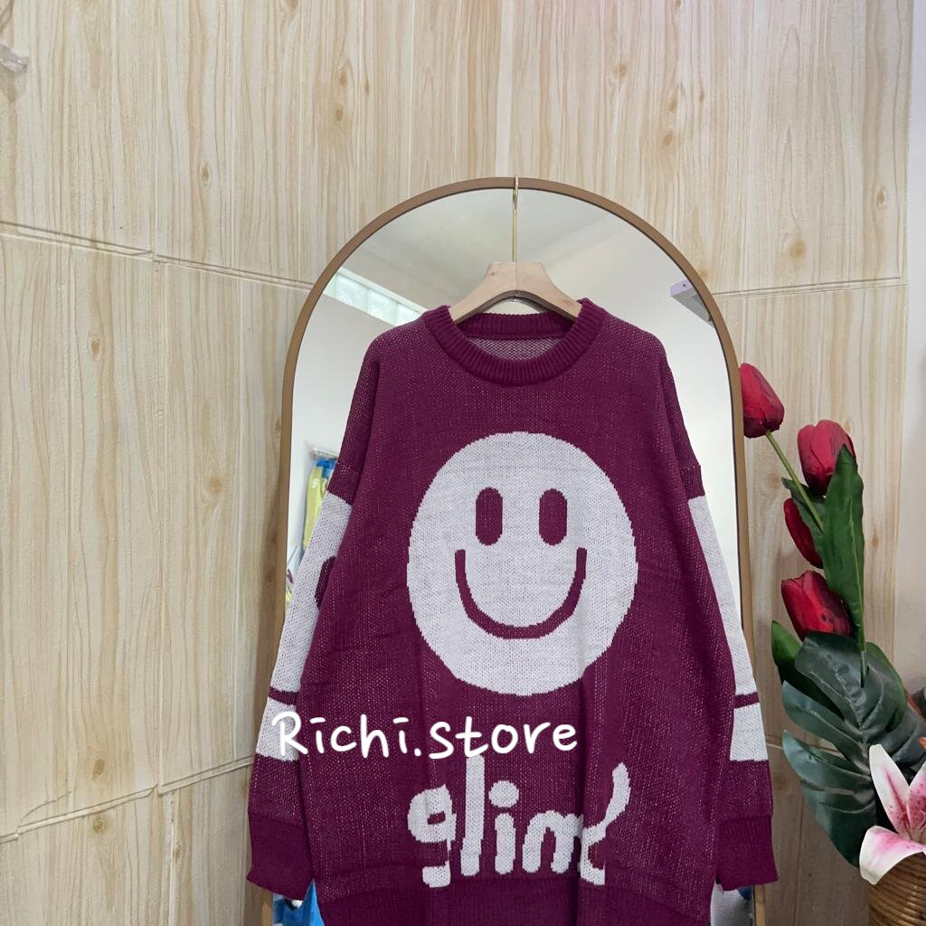 Smile oversize sweater - Setelan kulot rajut sweater motif smile (celana+atasan)