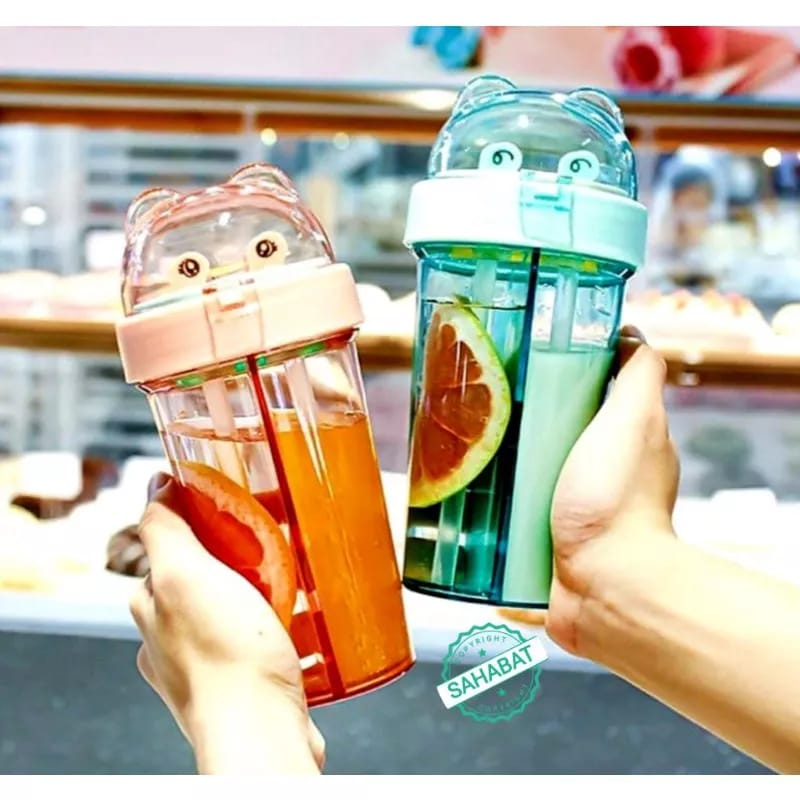 BOTOL MINUM / TEMPAT MINUM ANAK DUET 2 IN 1 + STIKER COUPLE 420 ML LUCU COCOK UNTUK KADO