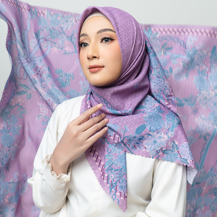 NISKALLA Laser Cut Hijab Segi Empat Print Motif Afra Warna Dark Salmon Ungu