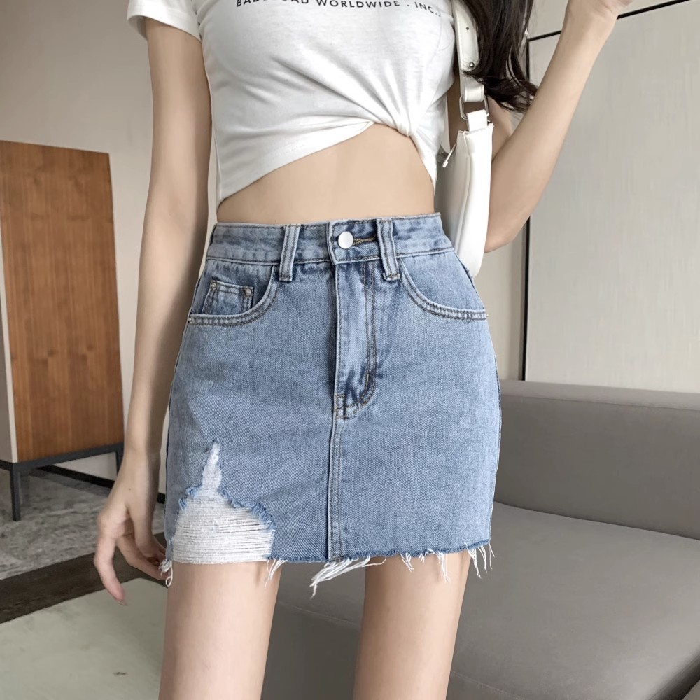 Rok span hitam rok jeans pendek wanita midi skirt korea rok jeans highwaist ripped terbaru 2023