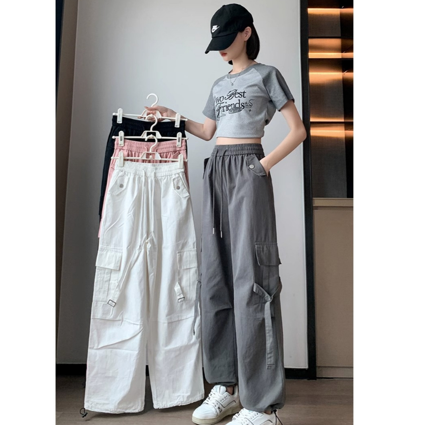 Cargo pants highwaist cargo celean jeans panjiang Highwaist Loose Cargo celana kuolt korean style kekinian 2023