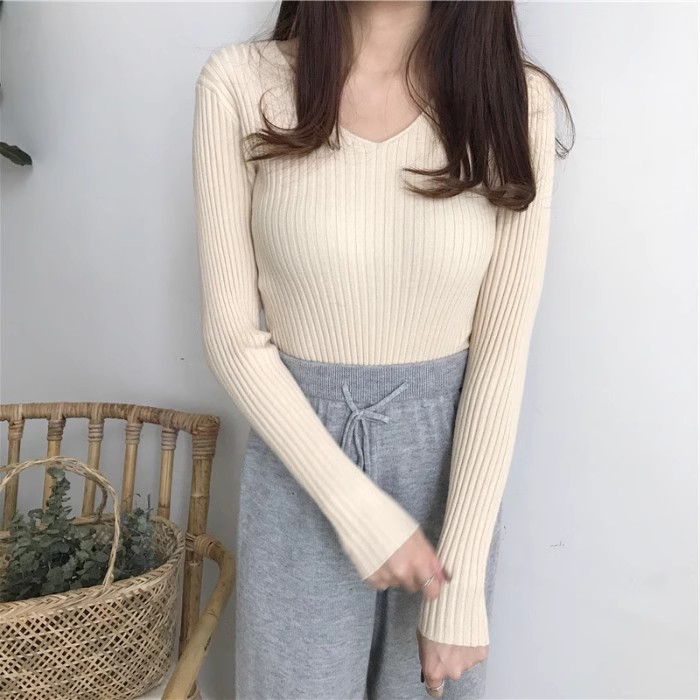 kaos rajut wanita import lengan panjang fashion korea style minimalis warna solid atasan knit t-shirt