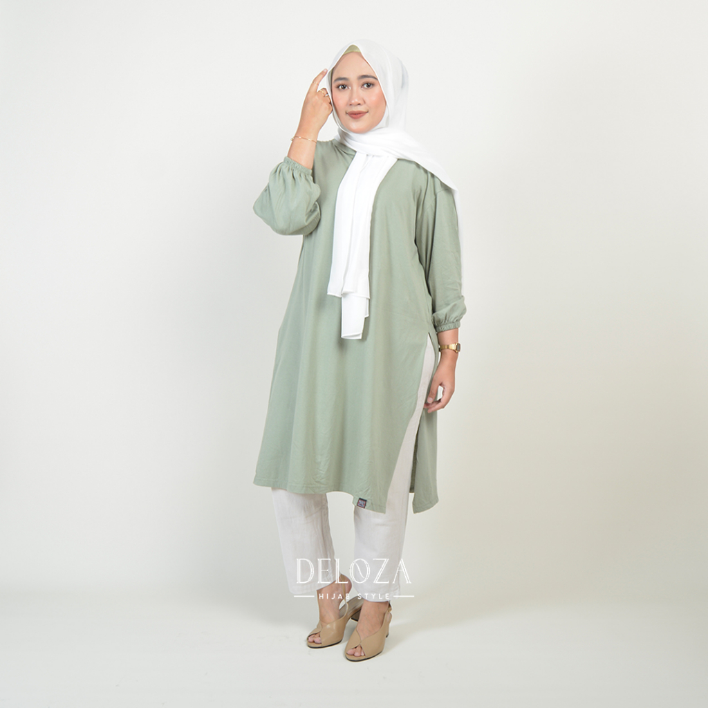 Selly Tunik Dress Oversize Polos Tangan Balon Jumbo by Deloza