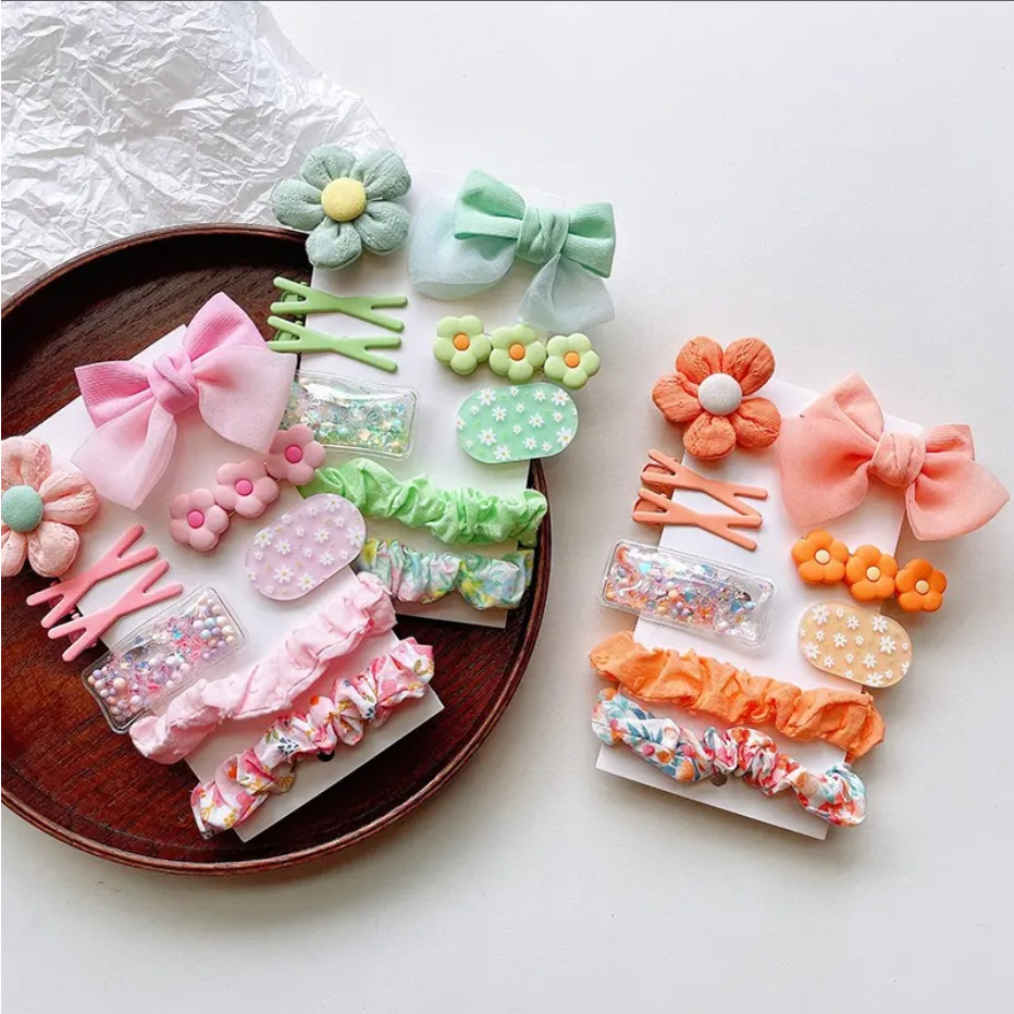 [SET Isi 9pcs] Jepit Rambut Set isi 9pcs - Jepit Rambut Anak Mix Scrunchie Mini - Aksesoris Rambut Bobby Pins Women Hair Clip Scrunchie Set - Jepit Rambut Anak Lucu