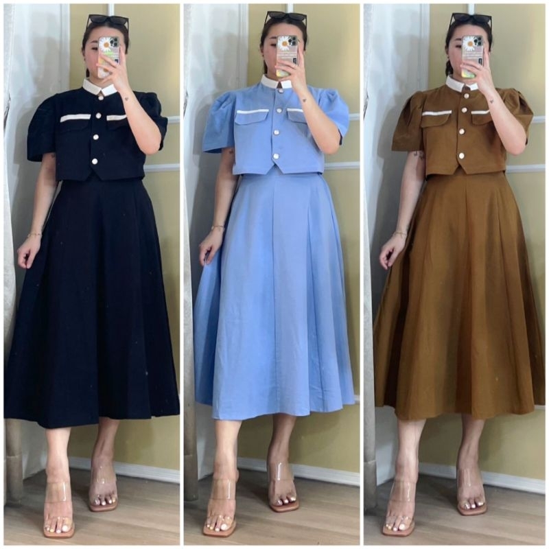 ♡ PREMIUM ♡ REAL PIC ! NADIA 2 IN 1 PEARL LIST SET CROP TOP WITH FLARE MIDI SKIRT