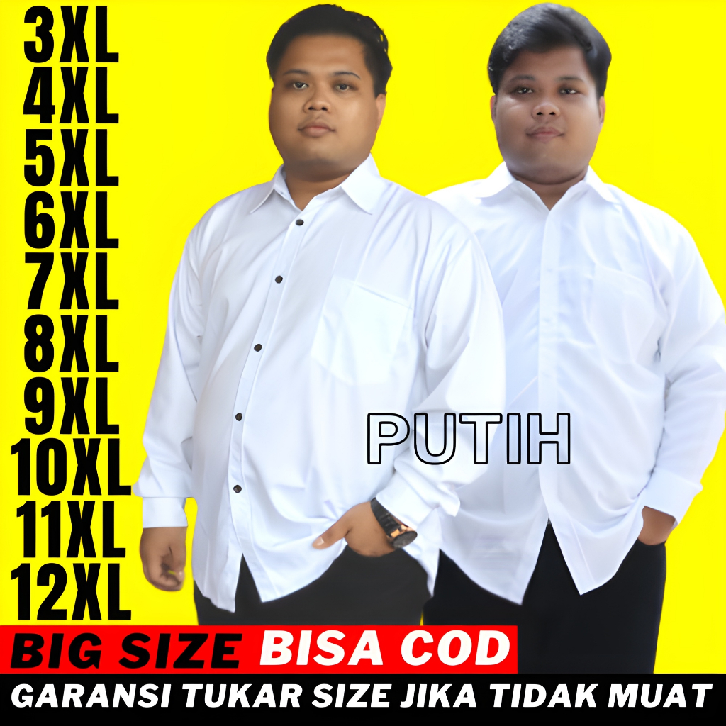 kemeja hem baju pria jumbo big size cowok putih 3xl 4xl 5xl 6xl 7xl 8xl 9xl 10xl polos lengan panjan