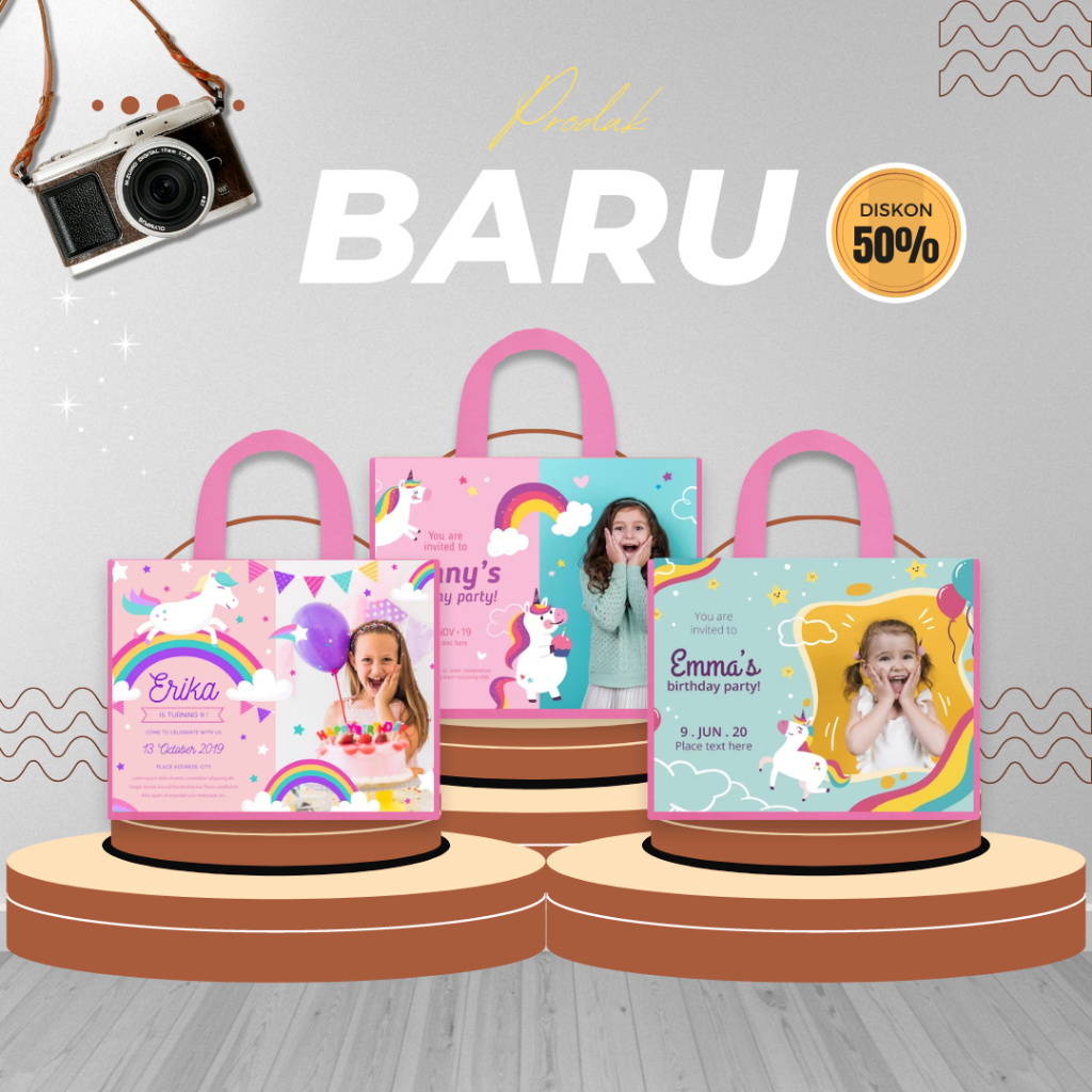 

Tas Birthday Unicorn Custom Nama+Foto Tas Totebag Premium Goodiebag Safa Spunbond Printing Tas Kado Anak