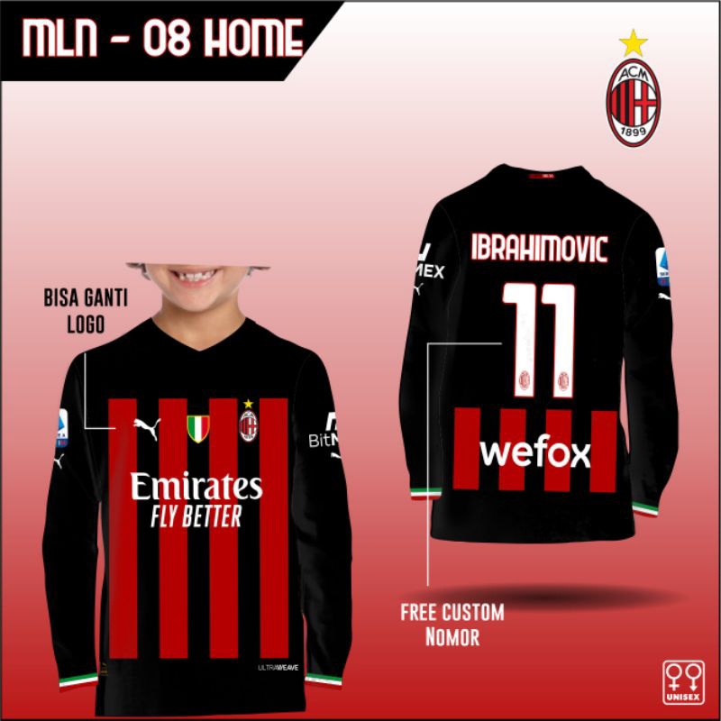 Jersey tim AC MILAN baju kaos bola anak tim AC MILAN HOME lengan panjang
