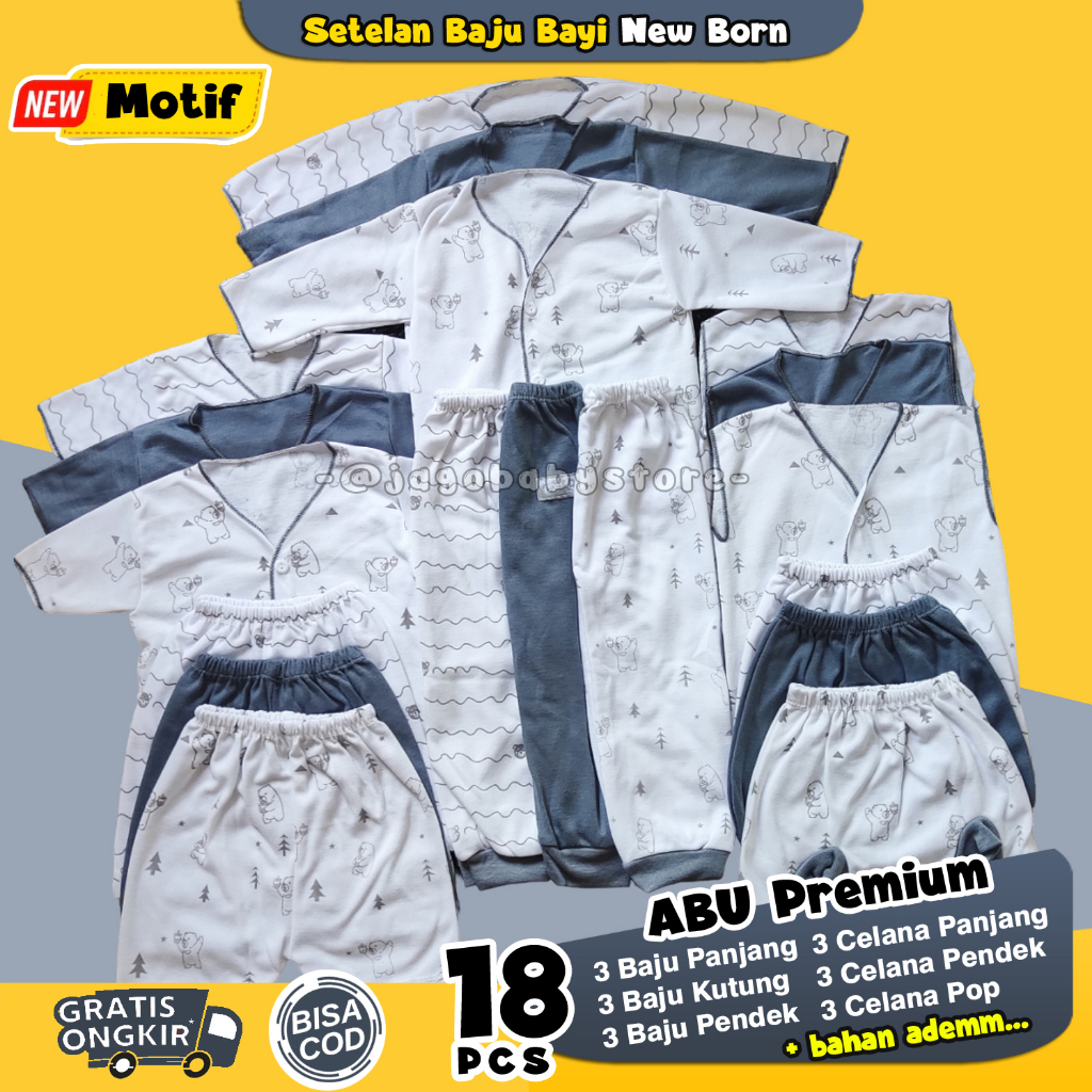 18 Pcs Baju Bayi Newborn Paket Lahiran Premium Motif Abu Abu