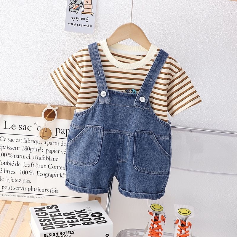 Setelan Overall Anak Laki Laki Import Motif Salur | Setelan Celana Kodok Jeans Anak Cowok 2 in 1 | B