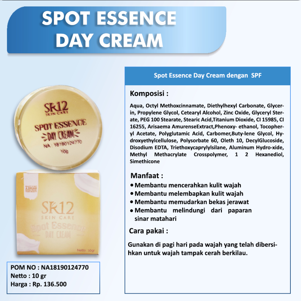 PENGHILANG FLEK HITAM &amp; BEKAS JERAWAT / KRIM SIANG MALAM / SPOT ESSENCE CREAM SR12 / MENCERAHKAN WAJAH / saudagarsr12