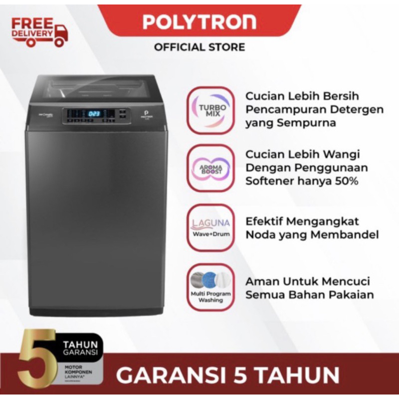 mesin cuci otomatis Polytron 1 tabung zeromatic laguna hijab 9 kg PAW 9028