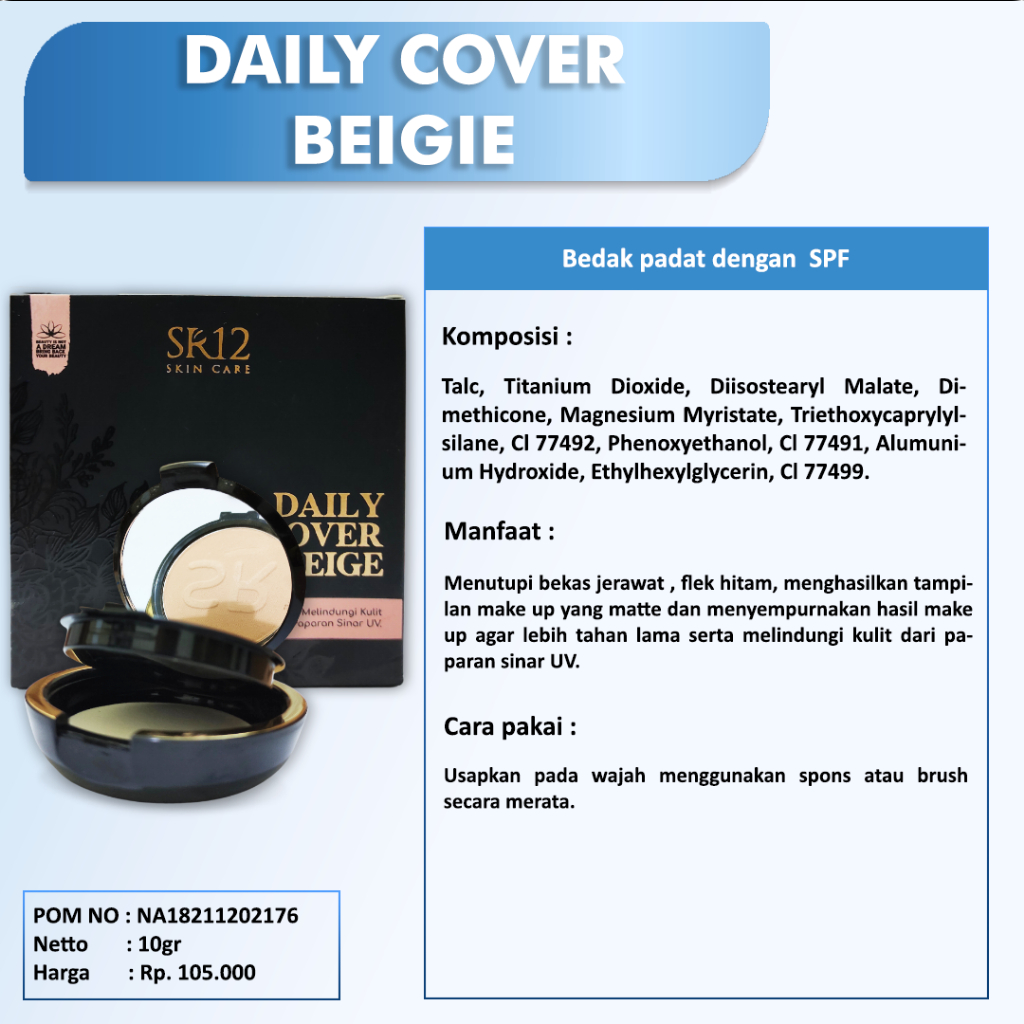 Daily cover beige Sr12 Bedak padat Menutupi bekas jerawat Melindungi kulit dari paparan sinar UV Tahan lama Berspf 14 Kosmetik wajah 14g Bpom Original Berkualitas Murah Terlaris Cod Daily Cover Natural 14gr Saudagarsr12