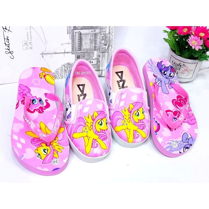 Paket Sepatu Anak Sandal Jepit Anak Paket Slip On Sandal Teplek Anak Perempuan Lucu motif Kuda Poni Pink Family 1 - 8 Tahun