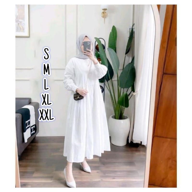 GAMIS PUTIH POLOS/MIDI DRESS MAT CRINKEL AIRFLOW/SIZE S M L XL