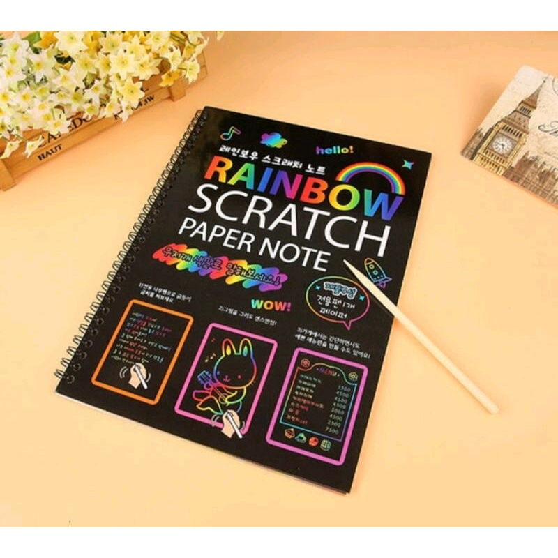 JT - Scratch Paper Note Book / Buku Ajaib / Kertas Pelangi Ukuran 19x26 Cm Isi 10 Lembar / Magic Color Rainbow Scratch Paper Note book 19X26cm Colourful Scratch Note / Mainan Black Cardboard edukasi Scratch Note Magic Buku